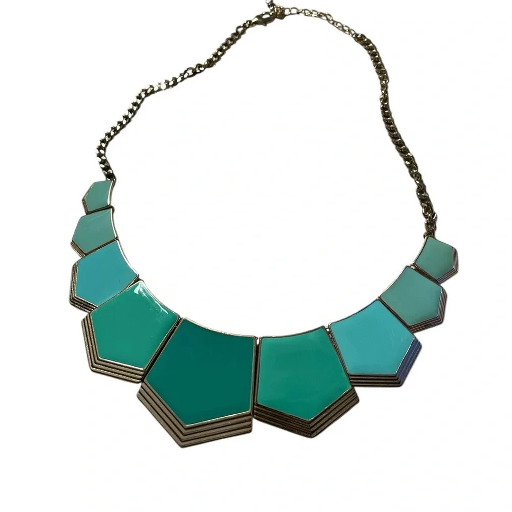 Y2K Boho Green & Blue Statement Necklace Gold Chain Adjustable Geometric